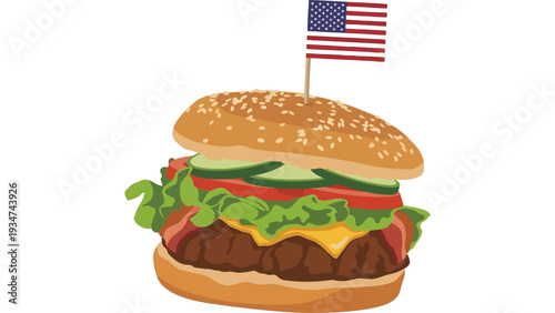 A mouthwatering cheeseburger with lettuce, tomato, and a flag on top, viewed from the front on a transparent background