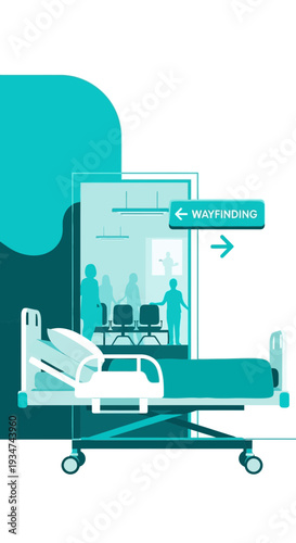 Hospital Wayfinding Depiction, Patient Bedside View, Illustrated Healthcare Navigation Concept