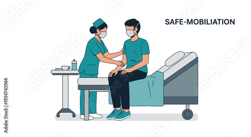 Hospital Staff Assisting Patient With Safe Mobilization While Wearing Face Masks For Protection