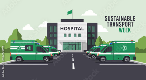 Hospital With Green Ambulances Showing Sustainable Transport Concept During Health Week