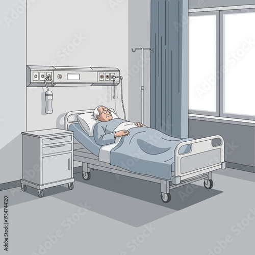 Hospitalized Patient Recuperating In A Modern Medical Ward Setting With Equipment