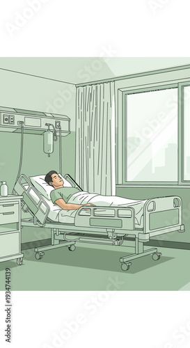 Hospitalized Patient Resting Comfortably Inside Modern Medical Room Undergoing Treatment and