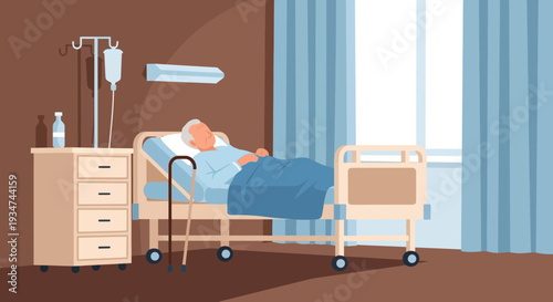 Hospitalized Patient Resting Comfortably In Medical Bed, Recovering From Illness Treatment