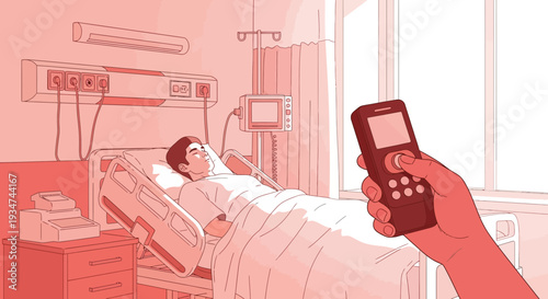 Hospitalized Patient Uses Remote Control While Resting In A Monochromatic Hospital Room