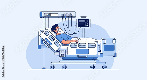 Hospitalized Patient With Monitoring Equipment And Protective Mask In A Medical Bed