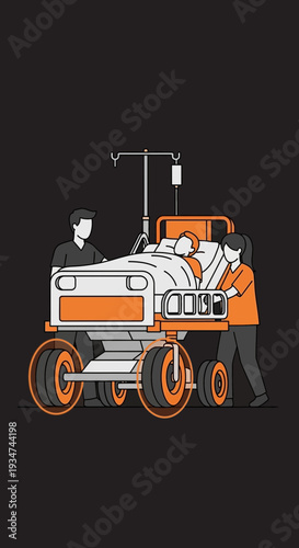 Hospital Staff Transporting Patient on Gurney with Infusion Drip Against Black Backdrop