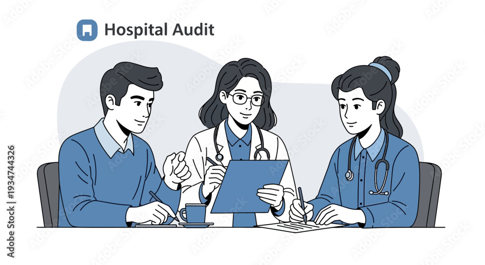 Fototapeta premium Hospital Team Conducting An Audit Reviewing Data And Documents With Detailed Analysis