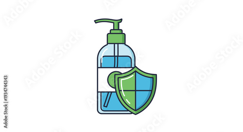 Hygiene And Protection Icon Depicting Hand Sanitizer And A Shield Emblem