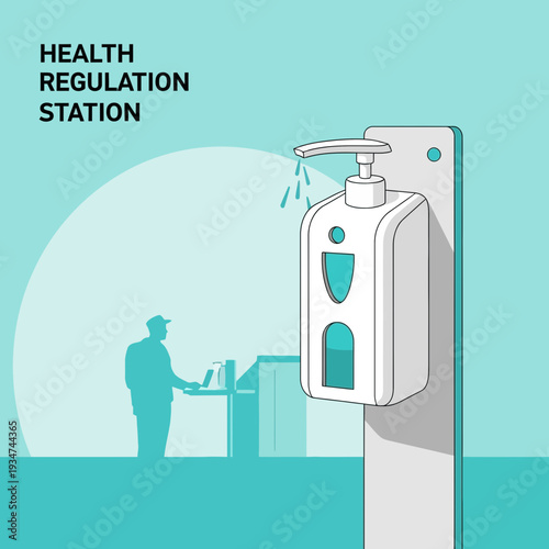 Hygiene Dispenser Station And Person Maintaining Social Distancing In Workplace Environment