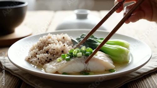 Steamed fish and rice dish on plate with vegetables and decorative garnish
