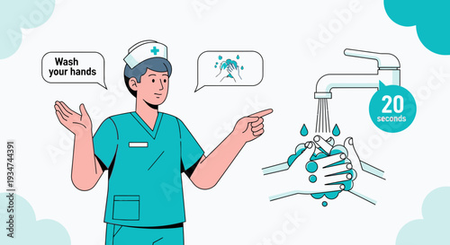 Hygiene Illustration: Nurse Demonstrates Proper Handwashing Technique and Duration.