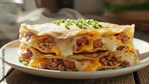 Stacked food dish with layers of meat cheese and vegetable topping