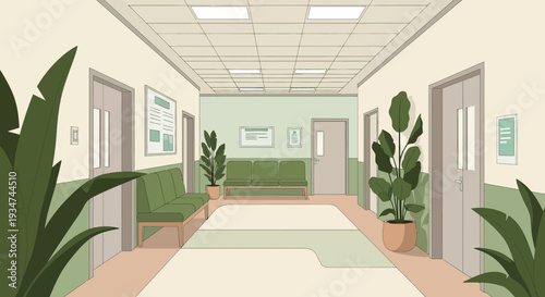 Hospital Waiting Area Depiction Emphasizing Calm Atmosphere and Architectural Design