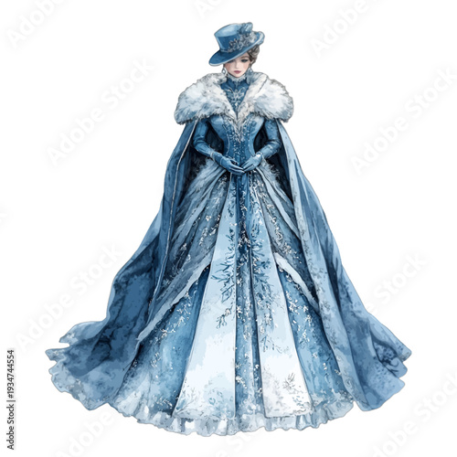 Watercolor Winter Queen in Icy Blue Gown with Fur Trim Cape and Top Hat Clipart