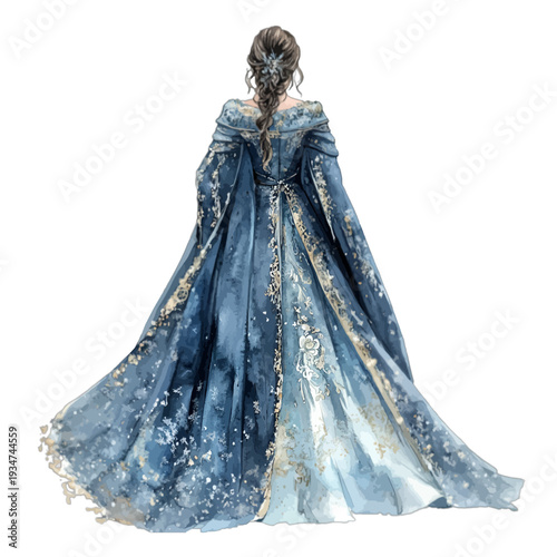 Fashion illustration of a woman from behind in a blue gold frost gown