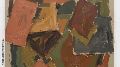 Abstract geometric composition of earthy tones and rich hues, textured brushstrokes