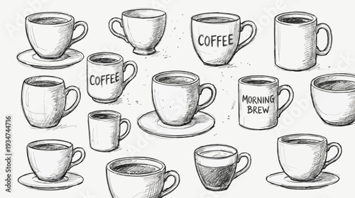 Various coffee cups and mugs arranged in a playful scattered pattern