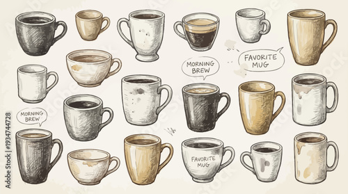 Collection of various coffee mugs and cups on a white background