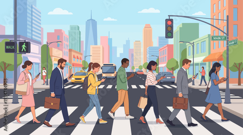 Modern Urban People Crossing Street While Using Smartphones – Flat Design Illustration