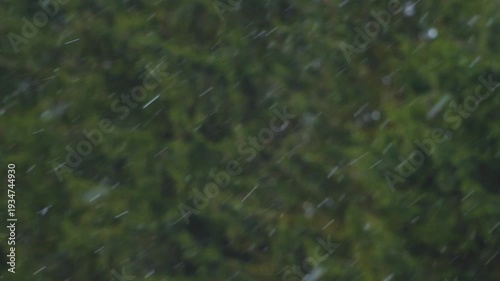 Diagonal streaks of falling rain captured against a blurred green foliage background, creating a soft motion effect and moody natural atmosphere with copy space.