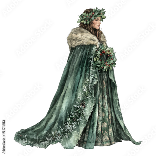 Watercolor Winter Queen in Green Cloak with Fur Collar and Holly Wreath