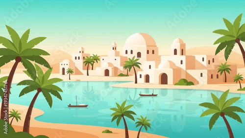 Palm Trees Surrounding Tropical Village Oasis.