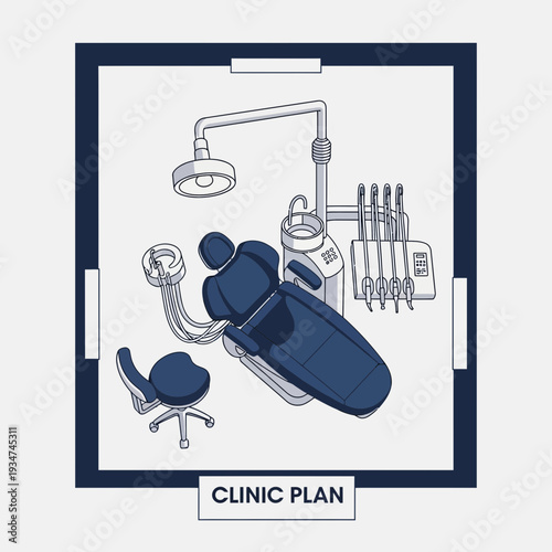Illustrated Dental Clinic Layout Depicting Equipment and Furnishings in Minimalist Design