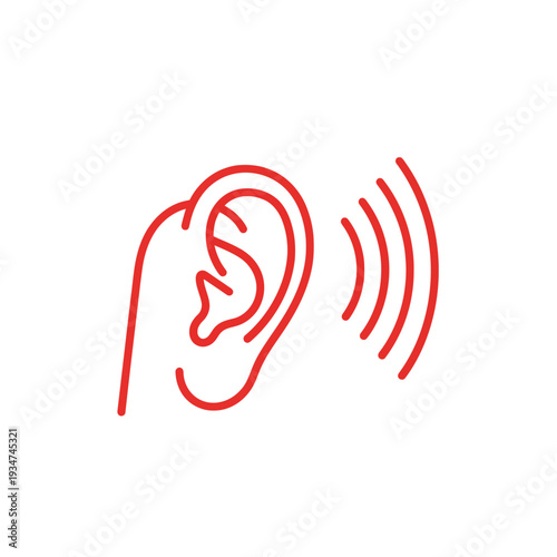 Iconic Red Ear Illustration Representing Sound, Auditory Perception, And Sonic Waves Visualization