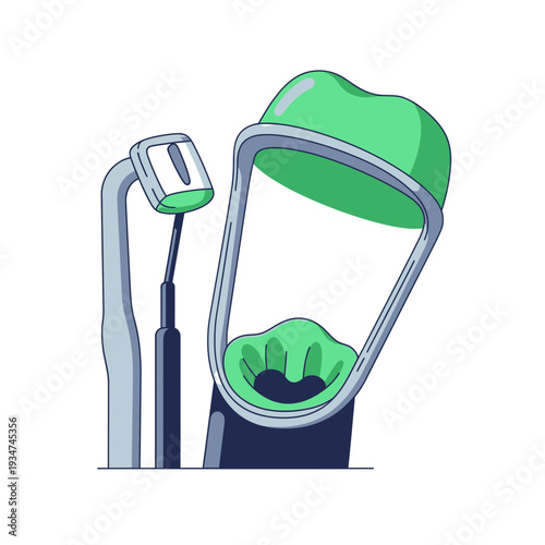 Illustrated Dental Examination Tools and Mouthpiece Depicting Oral Healthcare Procedures