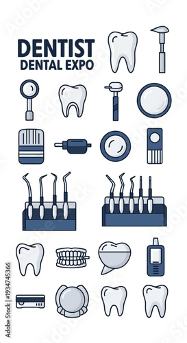 Illustrated Dental Expo Advertisement Featuring Teeth, Tools, And Minimalist Designs