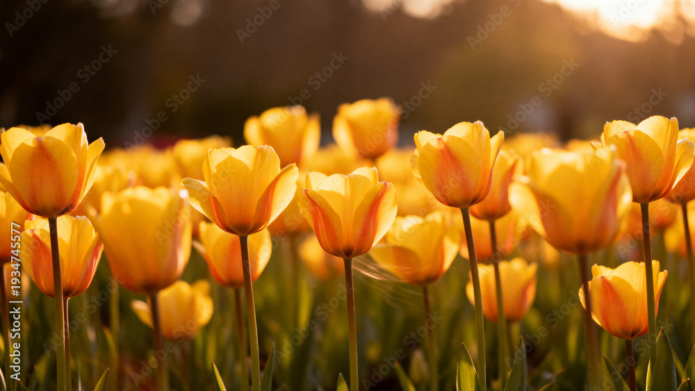 Obraz premium Surface view of sun shining over bed of yellow blooming tulips without text