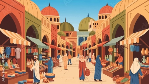 Vibrant Middle Eastern Marketplace Scene Illustration.