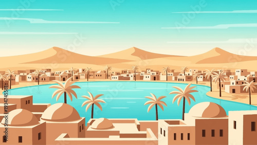Desert Town with Palm Trees and Lake.