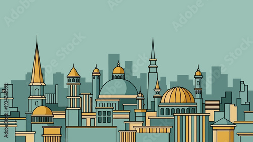 Mosque Cityscape with Golden Domes and Minarets.