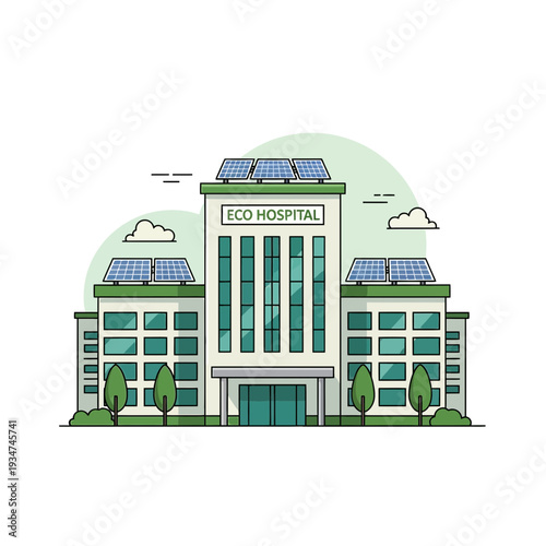 Illustrated Eco-Friendly Hospital Architecture Utilizing Solar Panels for Sustainable Energy