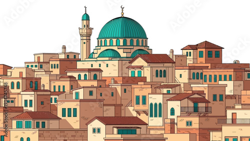 Mosque with Dome and Minaret Illustration.