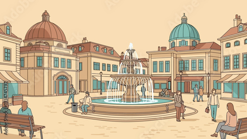 Ornate Fountain in City Square Scene.