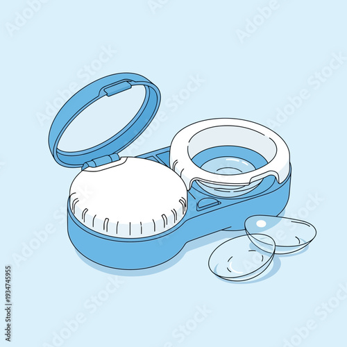 Illustrated Contact Lens Storage Case with Lenses and Cleaning Solutions on a Light Blue Surface