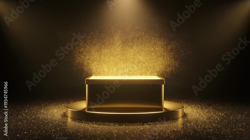 Golden podium on a dark stage illuminated by spotlights from above, viewed from the front in a dramatic display