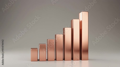 Rising copper bars in ascending order on a gray gradient background forming a 3D bar chart from a front viewpoint