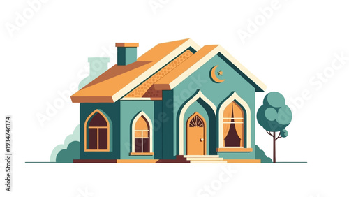 Islamic Mosque Building with Minaret Illustration.