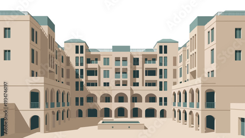 Large Beige Building with Arched Windows.