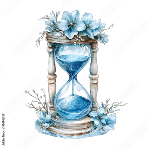 Vintage watercolor hourglass with blue sand and winter floral accents