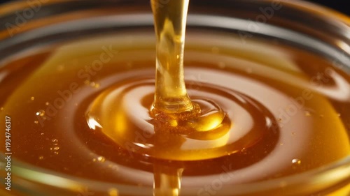 Honey pouring into a glass bowl creating ripples and a golden liquid flow in a close-up macro shot