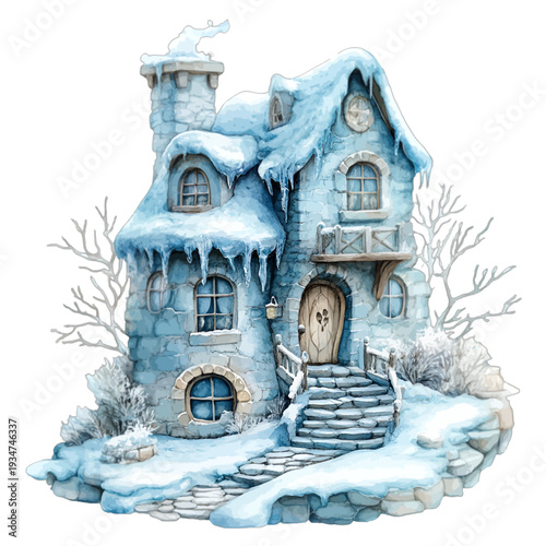 Blue watercolor winter cottage with icicles and snow covered roof