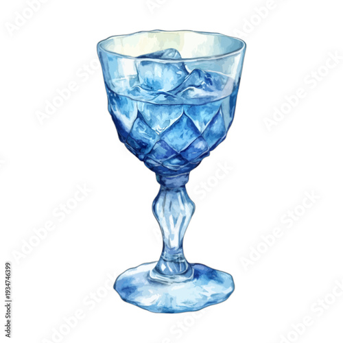 Watercolor Blue Crystal Goblet with Ice Cubes and Cold Water Drinks Clipart
