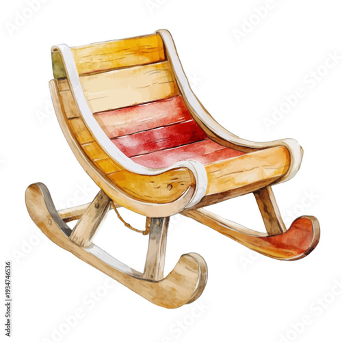 Watercolor Vintage Wooden Sled with Red Seat and Curved Runners Clipart