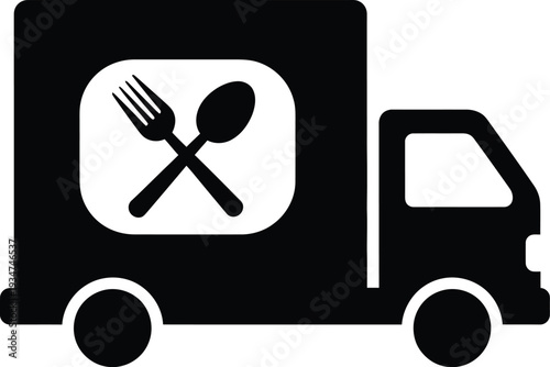 Food delivery truck with a fork and spoon cutlery symbol. Food delivery apps, catering services, or restaurant websites icon.