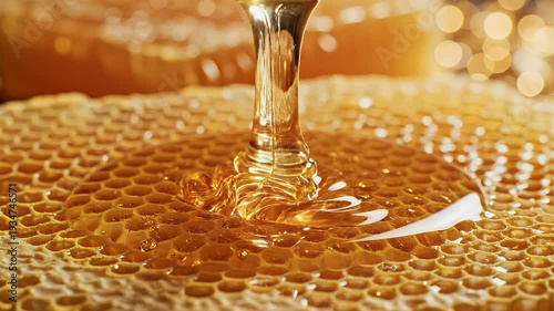 Wallpaper Mural Golden honey flows onto a honeycomb surface, with soft bokeh lights in the background Torontodigital.ca