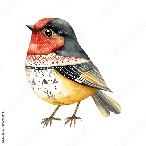 Watercolor robin bird with red breast and folk art geometric patterns